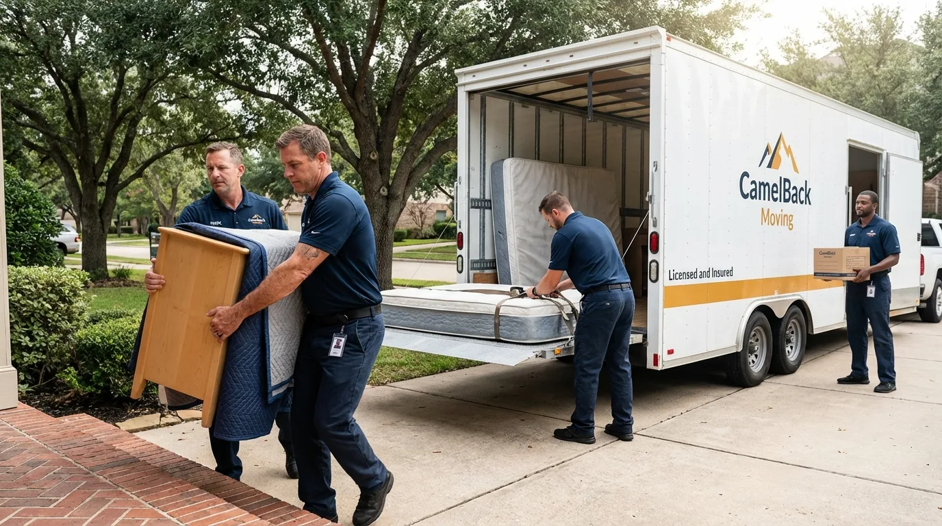 Crew loading residential truck for cross-state move from Cupertino, CA
