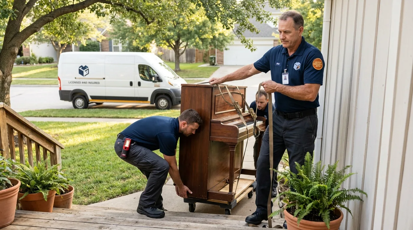 Licensed piano movers securing grand piano in Cupertino, CA