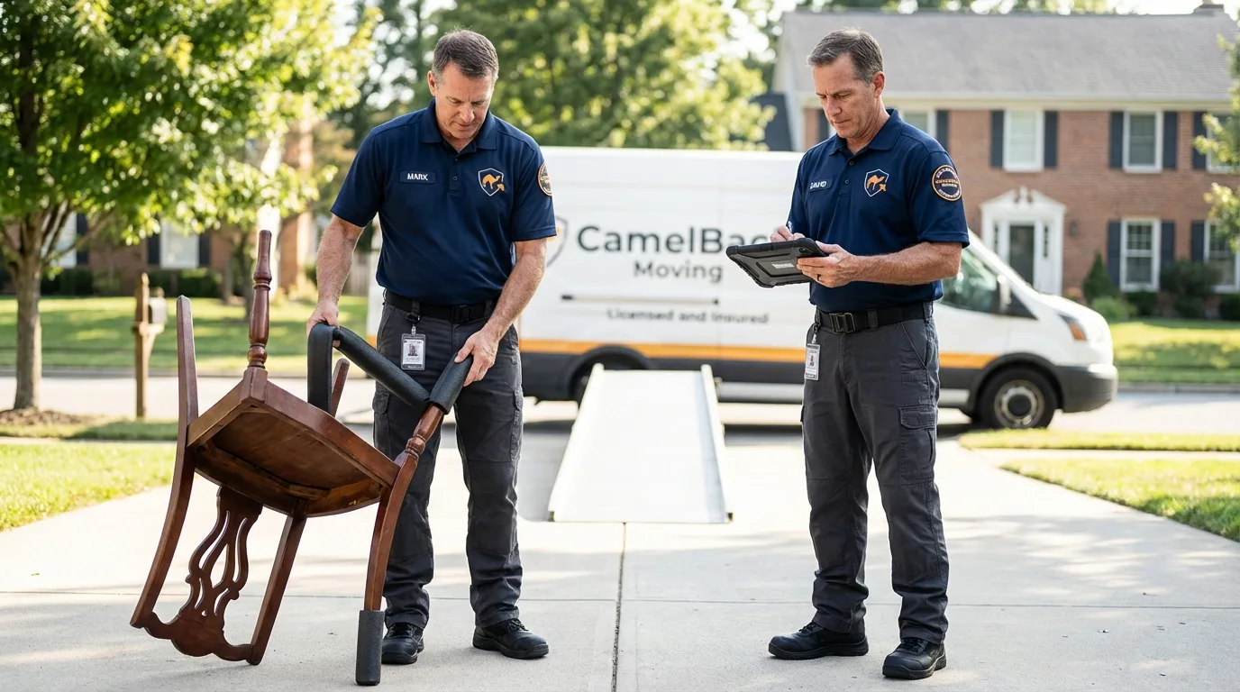 Movers inspecting furniture for damage prevention before loading in Cupertino, CA